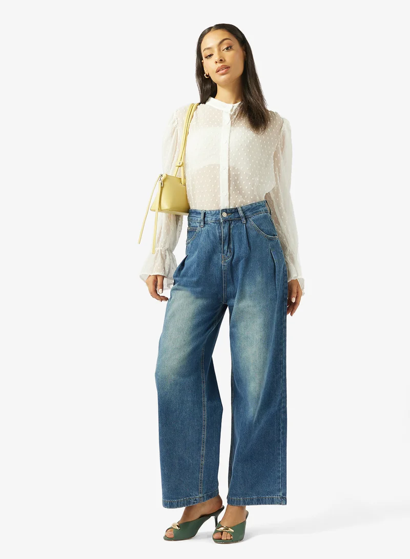 جينجر High Rise Straight Fit Jeans with Pleat Detail